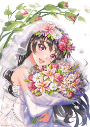 Rule 34 | 1girl, :d, artist name, black hair, blurry, blurry background, blush, bouquet, bride, daisy, detached sleeves, diamond (gemstone), dress, earrings, fingernails, flower, from side, glint, happy, head tilt, head wreath, highres, holding, holding bouquet, jewelry, kimopoleis, medium hair, hugging object, open mouth, orchid, original, pink flower, pink rose, purple hair, ring, rose, smile, solo, stud earrings, teeth, upper body, upper teeth only, wedding dress, wedding ring, white background