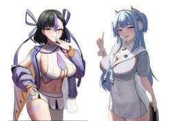 Rule 34 | 2girls, :d, absurdres, alternate breast size, animal ear headphones, animal ears, black hair, blue eyes, blue hair, blue neckerchief, blue serafuku, blush, bodam, breasts, cleavage cutout, clothing cutout, collared dress, covered navel, crop top, dress, fake animal ears, goddess of victory: nikke, grin, hair ribbon, hand on own chin, hand on own hip, headphones, headset, highres, holding, holding tablet pc, jacket, large breasts, leg tattoo, long hair, looking at viewer, miniskirt, mole, mole under eye, multicolored hair, multicolored shirt, multiple girls, navel, neckerchief, necktie, off shoulder, open mouth, parted lips, purple eyes, purple hair, purple jacket, purple necktie, purple ribbon, ribbon, school uniform, serafuku, shifty (nikke), short hair, short necktie, short sidetail, short sleeves, simple background, skirt, smile, streaked hair, syuen (nikke), tablet pc, tattoo, two-tone hair, white background, white skirt
