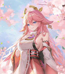 Rule 34 | 1girl, absurdres, animal ears, bare shoulders, blue eyes, breasts, cherry blossoms, closed mouth, cowboy shot, day, detached sleeves, fox ears, genshin impact, hand on own chest, highres, jewelry, large breasts, long hair, long sleeves, looking at viewer, necklace, outdoors, pink hair, revealing clothes, sideboob, smile, solo, spring (season), very long hair, wide sleeves, yae miko, yuuri vv