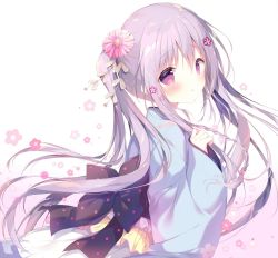 Rule 34 | 1girl, :o, black bow, blue kimono, blush, bow, braid, commentary request, flower, from side, hair between eyes, hair flower, hair ornament, hand up, highres, japanese clothes, kimono, long hair, long sleeves, looking at viewer, looking to the side, obi, original, parted lips, pink flower, purple eyes, purple hair, sash, shiratama (shiratamaco), sleeves past wrists, solo, twintails, very long hair, white background, wide sleeves