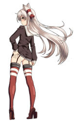 Rule 34 | 10s, 1girl, amatsukaze (kancolle), ass, back, blush, brown dress, brown eyes, clothes lift, dress, dress lift, garter straps, hair tubes, kantai collection, keita (tundereyuina), long hair, long sleeves, looking at viewer, looking back, red thighhighs, sailor collar, sailor dress, short dress, silver hair, solo, standing, striped clothes, striped thighhighs, thighhighs, two side up, very long hair
