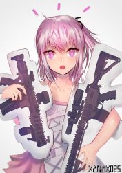 Rule 34 | 1girl, ar-15, armor, artist name, bad id, bad pixiv id, blush, breasts, collarbone, dress, dual wielding, girls&#039; frontline, gradient background, gun, hair between eyes, hair ornament, highres, holding, long hair, looking at viewer, mod3 (girls&#039; frontline), multicolored hair, hugging object, one side up, open mouth, pillow, pillow hug, pink eyes, pink hair, rifle, sidelocks, simple background, small breasts, st ar-15 (girls&#039; frontline), st ar-15 (mod3) (girls&#039; frontline), streaked hair, v-shaped eyebrows, weapon, xanax025