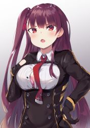 Rule 34 | 1girl, black skirt, blazer, blush, bra, bra peek, breasts, bushinofuji, collared shirt, framed breasts, girls&#039; frontline, gloves, gradient background, hair ribbon, half updo, hand on own hip, hand up, high-waist skirt, highres, jacket, large breasts, long hair, long sleeves, looking at viewer, necktie, one side up, open mouth, pantyhose, partially unbuttoned, pink bra, purple hair, red eyes, red necktie, ribbon, shirt, simple background, skirt, solo, strap, striped clothes, striped shirt, taut clothes, underwear, upper body, very long hair, wa2000 (girls&#039; frontline), white shirt