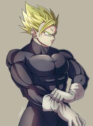 Rule 34 | 1boy, abs, blonde hair, closed mouth, dragon ball, dragonball z, dressing up, gloves, green eyes, highres, muscular, muscular arms, muscular male, pectoral cleavage, pectorals, serious, solo, son gohan, spiked hair, super saiyan, tagme, white gloves