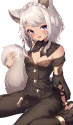 Rule 34 | 1girl, absurdres, animal ears, blush, braid, breasts, cat ears, cat tail, commission, detached collar, facial mark, final fantasy, final fantasy xiv, grey hair, highres, jun (aousa0328), medium breasts, miqo&#039;te, open mouth, parted bangs, purple eyes, short hair, sitting, skeb commission, solo, strapless, tail, wariza, warrior of light (ff14), whisker markings, white background