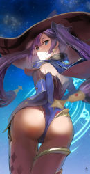 Rule 34 | 1girl, artist request, ass, blue eyes, blush, cape, detached sleeves, elbow gloves, from behind, from below, genshin impact, gloves, hair ornament, hair ribbon, hat, highres, leotard, long hair, looking at viewer, mona (genshin impact), pantyhose, purple hair, ribbon, shiny clothes, shiny skin, solo, thighlet, twintails, very long hair