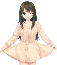 Rule 34 | 10s, 1girl, ;d, black hair, coffee-kizoku, collarbone, cowboy shot, dress, green eyes, highres, idolmaster, idolmaster cinderella girls, long hair, looking at viewer, one eye closed, open mouth, shibuya rin, simple background, skirt hold, smile, solo, standing, white background