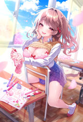 Rule 34 | 1girl, :p, absurdres, blouse, bow, bow bra, bow panties, bra, breasts, brown hair, chair, cherry blossoms, classroom, cleavage, clothes lift, collared shirt, cover, cover page, day, desk, eraser, fingernails, hair ribbon, hand on own cheek, hand on own face, highres, holding, holding clothes, holding panties, holding underwear, indoors, large breasts, light blush, long hair, long sleeves, looking at viewer, notebook, on chair, original, panties, pen, pencil case, petals, pink bra, pink panties, pleated skirt, red eyes, red ribbon, ribbon, rifuru, saliva, saliva trail, school chair, school desk, shirt, shoes, sitting, skirt, socks, solo, sweater, sweater lift, sweater vest, tankoubon cover, tongue, tongue out, underwear, unworn panties, uwabaki, white shirt, white socks, wind, window