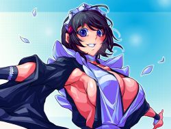 Rule 34 | 1girl, :d, ahoge, armpits, black hair, blue eyes, blush, breasts, choker, cleavage, female focus, hair ornament, highres, iroha (samurai spirits), japanese clothes, large breasts, looking at viewer, maid, maid headdress, no bra, open mouth, outstretched arms, purple eyes, samurai spirits, shiny skin, short hair, sideboob, smile, solo, spread arms, upper body, wide sleeves, wind, yoshitsuki