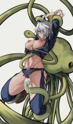Rule 34 | absurdres, alien, angel (kof), boots, breasts, chaps, consensual tentacles, cowboy boots, cropped jacket, cum, fingerless gloves, gloves, hair over one eye, highres, jacket, kobi420, large breasts, leather, leather jacket, mars people, metal slug, monster, nipples, pussy, restrained, snk, spread legs, tentacle sex, tentacles, tentacles under clothes, the king of fighters, the king of fighters xiv, toned, torn clothes, vaginal, white hair