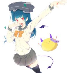 Rule 34 | 10s, 1girl, :d, arm up, azuma (no488888), bag, bag on head, black thighhighs, blue hair, bow, bowtie, buttons, commentary request, demon tail, demon wings, di gi charat, double-breasted, gema, hair bun, hand over face, highres, horns, leaf, long hair, long sleeves, looking at viewer, love live!, love live! sunshine!!, miniskirt, open mouth, pleated skirt, red eyes, school bag, school uniform, serafuku, side bun, simple background, single side bun, skirt, smile, sparkle, tail, thighhighs, tsushima yoshiko, white background, wings, yellow bow, yellow bowtie