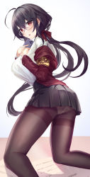 Rule 34 | 1girl, ahoge, amano hagoromo, armband, ass, azur lane, black hair, black skirt, breasts, brown pantyhose, cellphone, crossed bangs, feet out of frame, from side, glasses, hair between eyes, hair ribbon, highres, holding, holding phone, huge ahoge, jacket, kneeling, large breasts, long hair, long sleeves, looking at viewer, miniskirt, official alternate costume, panties, panties under pantyhose, pantyhose, parted lips, phone, pleated skirt, red eyes, red jacket, red ribbon, ribbon, school uniform, shirt, shirt tucked in, skirt, smartphone, solo, taihou (azur lane), taihou (sweet time after school) (azur lane), thighband pantyhose, thighs, underwear, white background, white panties, white shirt, yellow armband