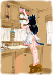 Rule 34 | 1girl, animal ears, apron, ass, barefoot, cat ears, cat tail, feet, female focus, highres, long hair, morino usagi, naked apron, soles, solo, stool, tail, tiptoes