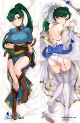 Rule 34 | 1girl, ass, bare shoulders, bed sheet, blush, boots, breasts, bride, brown footwear, closed mouth, commentary request, dakimakura (medium), dress, earrings, fingerless gloves, fire emblem, fire emblem: the blazing blade, fire emblem heroes, full body, garter straps, gloves, green eyes, green hair, high heels, highres, jewelry, knee boots, large breasts, lips, logo, long hair, looking at viewer, lying, lyn (bridal) (fire emblem), lyn (fire emblem), multiple views, nintendo, official alternate costume, on back, on stomach, ormille, panties, pelvic curtain, petals, ponytail, short sleeves, shorts, smile, underwear, wedding dress, white dress, white legwear