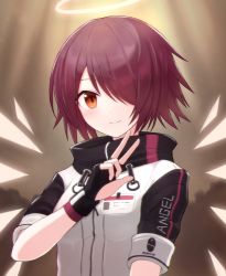 Rule 34 | 1girl, arknights, black gloves, blush, breasts, closed mouth, commentary request, detached wings, exusiai (arknights), fingerless gloves, gloves, hair over one eye, halo, hand up, jacket, red eyes, red hair, short sleeves, small breasts, smile, solo, suta (clusta), upper body, v, white jacket, wings