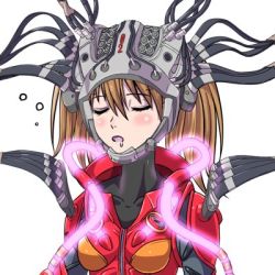 Rule 34 | 1girl, alternate hairstyle, angry, artist request, blush, bodysuit, breasts, brown hair, evangelion: 3.0+1.0 thrice upon a time, hair between eyes, hair ornament, interface headset, lowres, medium breasts, neon genesis evangelion, neon lights, official alternate costume, plugsuit, rebuild of evangelion, saliva, saliva trail, serious, shiny clothes, skin tight, sleeping, solo, souryuu asuka langley, twintails, upper body
