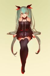 Rule 34 | 1girl, 3four, aqua eyes, aqua hair, bare shoulders, black dress, black thighhighs, chain, commentary, detached collar, detached sleeves, dress, frilled dress, frills, full body, hair between eyes, hatsune miku, highres, long hair, looking at viewer, off-shoulder dress, off shoulder, simple background, sitting, solo, thighhighs, twintails, very long hair, vocaloid, zettai ryouiki