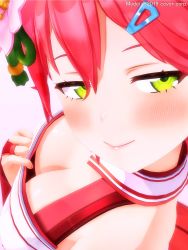 Rule 34 | 1girl, blush, breasts, cleavage, clothes pull, downblouse, from above, green eyes, hair ornament, highres, hololive, large breasts, looking at viewer, nontraditional miko, pulled by self, red hair, sakura miko, shirt pull, smile, solo, tsukishiro nagisa, virtual youtuber