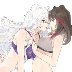 Rule 34 | 2girls, animal ears, arknights, bear ears, bear girl, blue eyes, blue hair, bra, breasts, brown hair, curly hair, dal-gi, eye contact, face-to-face, grey sports bra, groin, highres, large breasts, long hair, looking at another, multicolored hair, multiple girls, navel, purple bra, red eyes, red hair, rosa (arknights), simple background, small breasts, sports bra, strap pull, streaked hair, underwear, upper body, very long hair, white background, white hair, yuri, zima (arknights)