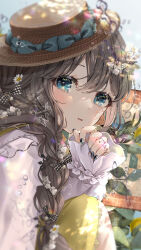 Rule 34 | 1girl, black hair, blue bow, blue eyes, bow, braid, brown hat, commentary request, flower, from side, hair between eyes, hair bow, hair flower, hair ornament, hand to own mouth, hand up, hat, hat bow, highres, jewelry, long hair, long sleeves, looking at viewer, looking to the side, nail art, original, parted lips, plaid, plaid bow, puffy long sleeves, puffy sleeves, puracotte, ring, shirt, signature, single braid, sleeves past wrists, solo, tilted headwear, white flower, white shirt