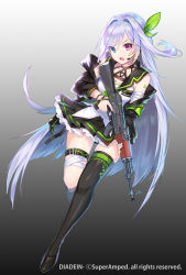 Rule 34 | 1girl, apple caramel, assault rifle, blue eyes, diadein, full body, gun, heterochromia, highres, holding, holding gun, holding weapon, long hair, looking at viewer, official art, open mouth, purple eyes, rifle, shoulder tattoo, skirt, solo, tattoo, thighhighs, very long hair, weapon
