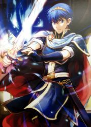 Rule 34 | 1boy, armor, blue eyes, blue hair, cape, fingerless gloves, fire emblem, fire emblem: mystery of the emblem, fire emblem cipher, gloves, glowing, glowing weapon, highres, holding, holding weapon, jewelry, looking at viewer, male focus, marth (fire emblem), matching hair/eyes, nintendo, serious, short sleeves, solo, sword, tiara, wada sachiko, weapon