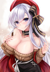 Rule 34 | 1girl, absurdres, aran sweater, azur lane, bare shoulders, belfast (azur lane), belfast (shopping with the head maid) (azur lane), beret, black skirt, breasts, cable knit, choker, cleavage, collarbone, gradient background, hair ribbon, hand on own chest, hands up, hat, high-waist skirt, highres, large breasts, long hair, long sleeves, looking at viewer, nail polish, off-shoulder sweater, off shoulder, pencil skirt, purple eyes, red hat, ribbed sweater, ribbon, ryara, shawl, silver hair, skirt, smile, solo, striped ribbon, sweater, upper body, white background