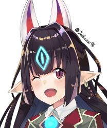 Rule 34 | 1girl, animal ears, black hair, blush, fox mask, j@ck, kasandra (xenoblade), long hair, looking at viewer, mask, nintendo, one eye closed, open mouth, pointy ears, red eyes, school uniform, simple background, smile, solo, white background, xenoblade chronicles (series), xenoblade chronicles 2, xenoblade chronicles (series), xenoblade chronicles 2