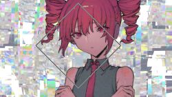 Rule 34 | 1girl, abstract background, bad id, bad twitter id, bare shoulders, closed mouth, diamond (shape), drill hair, film grain, glitch, grey shirt, hands up, headphones, highres, kasane teto, looking at viewer, msb (a47630968), multicolored background, necktie, raised eyebrows, red eyes, red hair, red necktie, self hug, shirt, sleeveless, sleeveless shirt, solo, twin drills, upper body, upturned eyes, utau