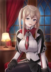 Rule 34 | 1girl, :d, bad id, bad twitter id, black gloves, black pantyhose, blonde hair, blush, breasts, capelet, cross, crossed legs, curtains, gloves, graf zeppelin (kancolle), grey eyes, hair between eyes, highres, impossible clothes, indoors, jacket, kantai collection, large breasts, long hair, looking at viewer, military, military uniform, miniskirt, necktie, night, on bed, open mouth, pantsu majirou, pantyhose, sidelocks, sitting, skirt, smile, solo, tsurime, twintails, uniform, window