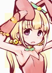 10s 1girl animal_ears armpits bad_id bad_pixiv_id blonde_hair bracer choker fake_animal_ears female_focus flat_chest futaba_anzu idolmaster idolmaster_cinderella_girls leotard low_twintails open_mouth playboy_bunny purple_eyes rabbit_ears solo twintails yummy_yoi