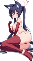 Rule 34 | 1girl, absurdres, animal ear fluff, animal ears, bikini, black hair, blue archive, breasts, commentary, hair between eyes, halo, highres, large breasts, long hair, looking at viewer, red bikini, red eyes, red footwear, red halo, red thighhighs, serika (blue archive), shoes, simple background, solo, swimsuit, symbol-only commentary, thighhighs, twintails, w.k, white background