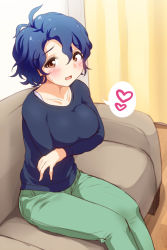 Rule 34 | 10s, 1girl, bad id, bad pixiv id, blue hair, breast hold, breasts, brown eyes, couch, curly hair, denim, heart, highres, idolmaster, idolmaster million live!, indoors, jeans, kuase, large breasts, pants, short hair, sitting, smile, solo, spoken heart, sweater, toyokawa fuka
