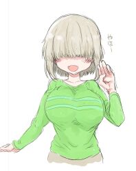 Rule 34 | 1girl, :d, blush, blush stickers, breasts, collarbone, commentary, cool-kyou shinja, double horizontal stripe, facing viewer, fang, green sweater, grey hair, hair over eyes, hand up, highres, large breasts, long bangs, long sleeves, no eyes, open mouth, short hair, simple background, sketch, skin fang, smile, solo, sweater, translated, uzaki-chan wa asobitai!, uzaki yanagi, waving, white background