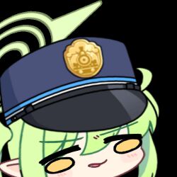 Rule 34 | 1girl, acomu414, animated, animated gif, blue archive, blue hat, chibi, commentary, empty eyes, english commentary, gameplay mechanics, green hair, green halo, halo, hat, long hair, looking at viewer, looping animation, lowres, nozomi (blue archive), peaked cap, pointy ears, saliva, sidelocks, solo, transparent background, twintails, upper body, wall-eyed, yellow eyes