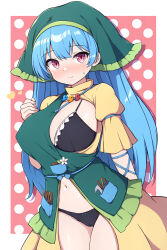 Rule 34 | 1girl, adapted costume, black bra, black panties, blue hair, blush, bra, breasts, cleft of venus, closed mouth, cowboy shot, dress, flower, green headwear, haniyasushin keiki, head scarf, heart, highres, jewelry, large breasts, long hair, looking at viewer, magatama, magatama necklace, necklace, panties, pink eyes, revealing clothes, rizento, short sleeves, single strap, solo, touhou, underwear, white flower, yellow dress