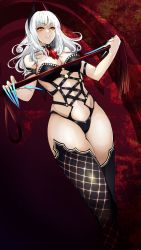 Rule 34 | 1girl, absurdres, agetama, bare shoulders, black thighhighs, blue nails, bondage outfit, breasts, carmilla (fate), cleavage, fate/grand order, fate (series), fingernails, hairband, highres, large breasts, long fingernails, long hair, looking at viewer, nail polish, navel, parted lips, sharp fingernails, smile, solo, standing, thighhighs, whip, white hair, yellow eyes