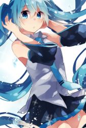 Rule 34 | 1girl, :o, absurdres, arms up, bare shoulders, black skirt, black thighhighs, blue eyes, blue hair, blue necktie, blush, cowboy shot, detached sleeves, grey shirt, hair between eyes, hatsune miku, highres, long hair, long sleeves, looking at viewer, miniskirt, necktie, open mouth, pleated skirt, shirt, simple background, skirt, solo, sparkle, tareme, thighhighs, twintails, very long hair, vocaloid, water drop, white background, yuruno, zettai ryouiki
