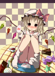 Rule 34 | 1girl, :o, blonde hair, blush, bow, cake, cake slice, candy, checkered background, chocolate, female focus, flandre scarlet, food, hat, hat bow, highres, kazura, letter, lollipop, looking at viewer, md5 mismatch, panties, pantyshot, red eyes, scales, sitting, skirt, socks, solo, speech bubble, spoken blush, star (symbol), swirl lollipop, table, touhou, underwear, upskirt, white panties, wings