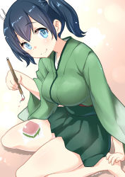 Rule 34 | 10s, 1girl, :q, absurdres, barefoot, black hair, blue eyes, breasts, calligraphy brush, female focus, hair ribbon, hakama, hakama skirt, highres, hinamatsuri, hishimochi, holding, japanese clothes, kantai collection, large breasts, looking at viewer, paintbrush, painting (action), pleated skirt, ribbon, ryuki (ryukisukune), sitting, skirt, smile, solo, souryuu (kancolle), tongue, tongue out, twintails