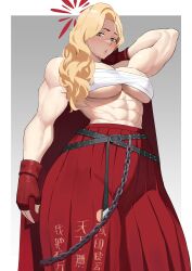 Rule 34 | 1girl, abs, absurdres, akemi (blue archive), arm behind head, arm up, bare shoulders, belt, biceps, black belt, blonde hair, blue archive, border, breasts, chain, chest sarashi, cleavage, crossed belts, delinquent, ethan69 (anhuzart), fingerless gloves, fluffy hair, gloves, grey background, grey eyes, hair over shoulder, halo, highres, holding, holding clothes, holding jacket, jacket, large breasts, long hair, long skirt, looking at viewer, mole, mole under eye, muscular, muscular female, obliques, parted lips, red gloves, red halo, red jacket, red skirt, sarashi, skirt, solo, stomach, sukeban, underboob, white border