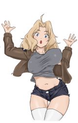 Rule 34 | 1girl, ahoge, blonde hair, blue eyes, blue shorts, blush, bouncing breasts, breasts, covered erect nipples, girls und panzer, kay (girls und panzer), large breasts, looking at viewer, midriff, military, military uniform, navel, open mouth, saunders military uniform, short shorts, shorts, simple background, solo, thighhighs, uniform, white background, white thighhighs