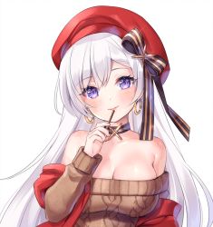 Rule 34 | 1girl, aran sweater, azur lane, bare shoulders, belfast (azur lane), belfast (shopping with the head maid) (azur lane), beret, black bow, blush, bow, breasts, brown sweater, cable knit, cleavage, collarbone, commentary request, earrings, food, hair between eyes, hair bow, hand up, hat, head tilt, holding, holding food, hoop earrings, jewelry, long sleeves, looking at viewer, medium breasts, nami (nyaa), off-shoulder sweater, off shoulder, parted lips, pocky, purple eyes, red hat, shawl, silver hair, simple background, smile, solo, striped, striped bow, sweater, upper body, white background