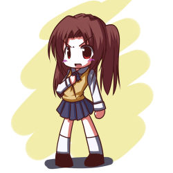Rule 34 | 00s, 1girl, blue skirt, blush, brown hair, chibi, fictional sister, full body, kneehighs, loafers, long hair, long sleeves, looking at viewer, red eyes, school uniform, shoes, simple background, skirt, socks, solo, standing, sweater vest, tsukihime, twintails, two side up, vest, white socks, yellow background, yumizuka satsuki