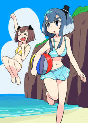 Rule 34 | &gt; &lt;, 2girls, alternate costume, arm up, ball, barefoot, beach, beachball, bikini, bikini skirt, blue bikini, blue eyes, blue hair, blue sky, breasts, carrying, carrying under arm, cliff, clip studio paint (medium), cloud, cloudy sky, colored tips, commentary request, day, foot out of frame, hat, holding, holding ball, holding beachball, jumping, kantai collection, long hair, midair, mini hat, multicolored hair, multiple girls, ocean, open mouth, outdoors, raised fist, running, short hair, short hair with long locks, sidelocks, sky, small breasts, smile, summer, swimsuit, tokitsukaze (kancolle), tonmoh, v-shaped eyebrows, white hair, yellow bikini, yukikaze (kancolle)
