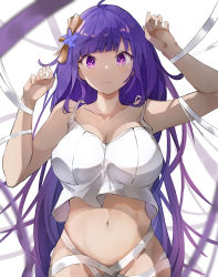 Rule 34 | 1girl, bandages, bare shoulders, blunt bangs, blush, breasts, cleavage, closed mouth, flower, genshin impact, hair flower, hair ornament, hands up, highres, large breasts, looking at viewer, navel, purple eyes, purple hair, raiden shogun, restrained, runep, solo, tank top, upper body, white tank top