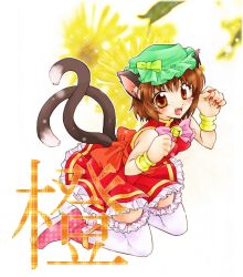 Rule 34 | 1girl, alternate costume, animal ears, bad id, bad pixiv id, brown eyes, brown hair, cat ears, cat girl, cat tail, chen, earrings, female focus, fingernails, floral background, hat, jewelry, kaze tsuyu tsuchi ryuu, long fingernails, multiple tails, nail polish, open mouth, red nails, short hair, smile, solo, tail, thighhighs, touhou, zettai ryouiki