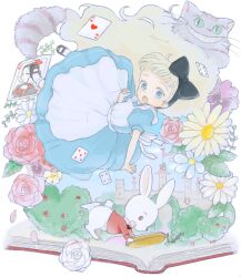 Rule 34 | 1girl, 2girls, :o, alice (alice in wonderland), alice in wonderland, alternate hairstyle, apron, bad drawr id, bad id, black bow, blonde hair, blue dress, blue eyes, book, border, bow, bush, card, castle, cat, cheshire cat (alice in wonderland), child, cloud, daisy, dress, falling, flower, green eyes, grin, hair bow, hand up, heart, leaf, looking at viewer, multiple girls, oekaki, open book, open mouth, pink flower, pink rose, playing card, pocket watch, puffy short sleeves, puffy sleeves, purple flower, queen of hearts (alice in wonderland), rabbit, red flower, red rose, rose, short hair, short sleeves, sky, slit pupils, smile, solo, teeth, tree, upper teeth only, watch, white apron, white border, white flower, white rabbit (alice in wonderland), white rose, yuu (drawr)