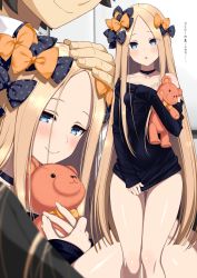 Rule 34 | 1boy, 1girl, abigail williams (fate), bare shoulders, black bow, black shirt, blonde hair, blue eyes, blush, bottomless, bow, breasts, choker, closed mouth, clothes pull, collarbone, fate/grand order, fate (series), forehead, fujimaru ritsuka (male), hair bow, headpat, highres, hip focus, holding, holding stuffed toy, jewel (the black canvas), long hair, long sleeves, looking at viewer, off-shoulder shirt, off shoulder, open mouth, orange bow, parted bangs, polka dot, polka dot bow, shirt, shirt pull, sleeves past fingers, sleeves past wrists, small breasts, smile, solo focus, stuffed animal, stuffed toy, teddy bear, thighs, translation request, very long hair