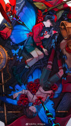 Rule 34 | 1boy, 2boys, black hair, blood, blood on clothes, blue butterfly, blue flower, blue hair, blue rose, bluebluecathy, bug, butterfly, butterfly wings, ciel phantomhive, closed eyes, flower, from side, full body, gloves, hat, highres, insect, insect wings, kuroshitsuji, lying, male focus, multiple boys, profile, red flower, red rose, rose, short hair, shorts, socks, trap, wings